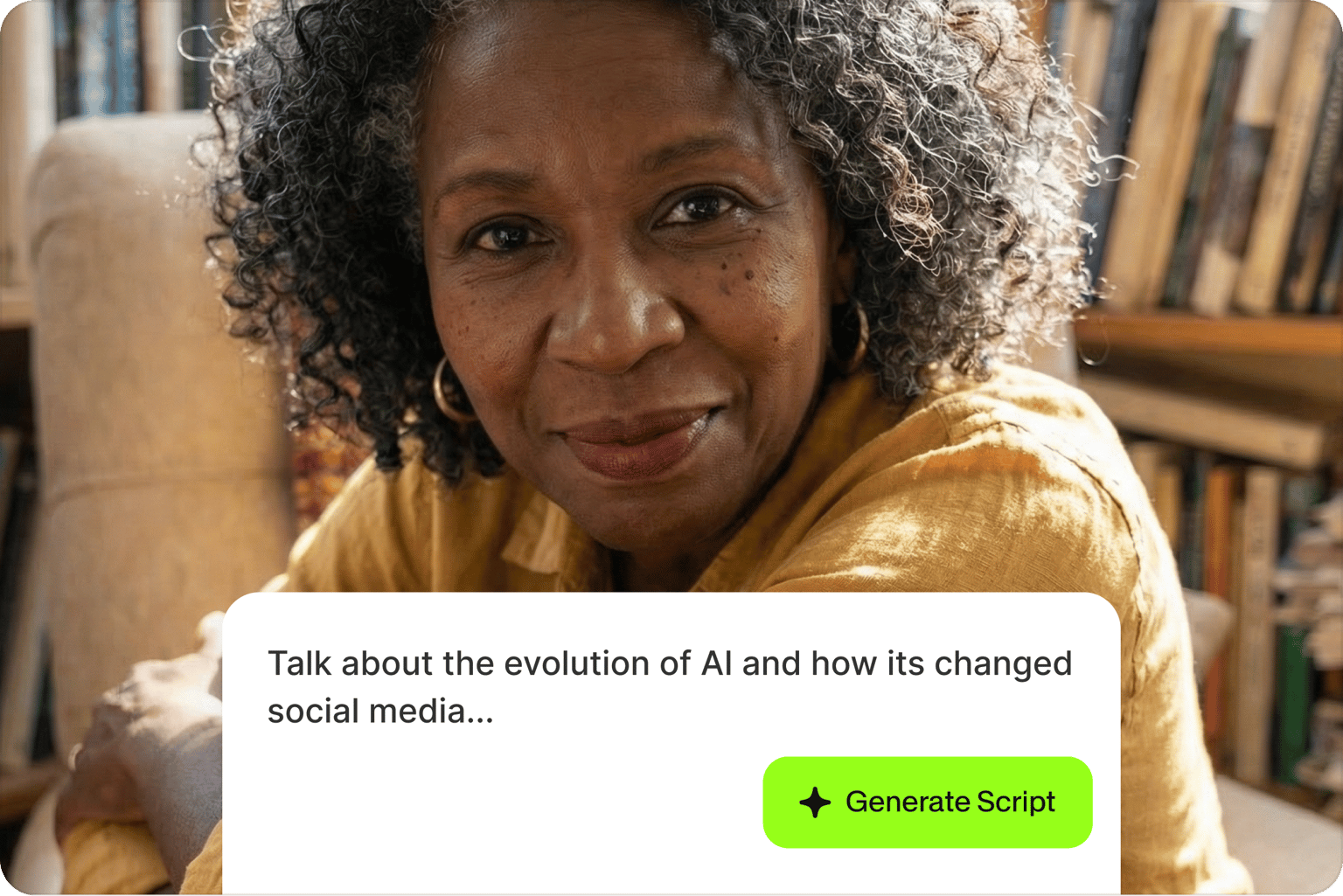 AI Video Script Generator prompt over woman smiling at home with generate script button for AI and social media topic creation