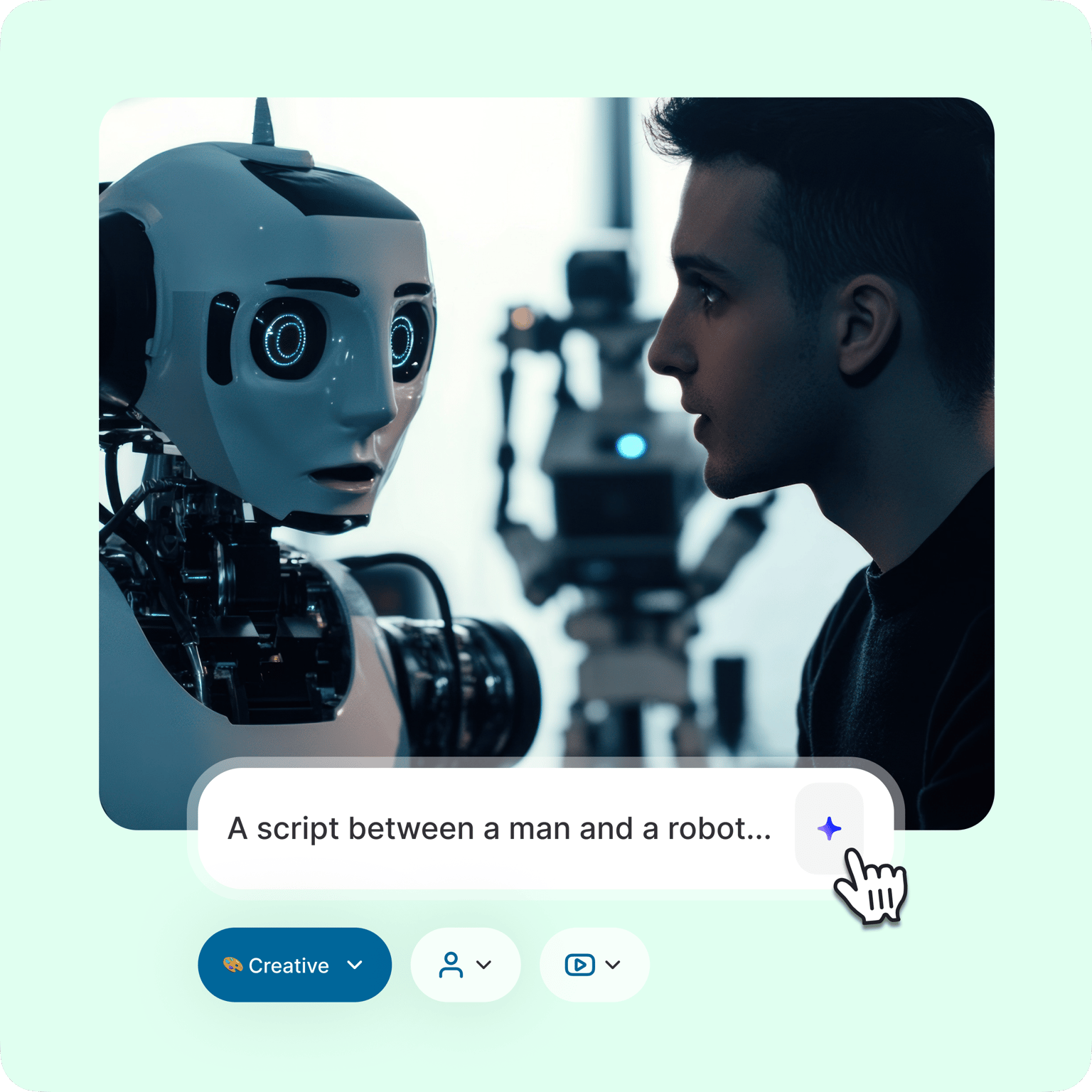 White humanoid robot and human in conversation, with creative script generation interface overlay