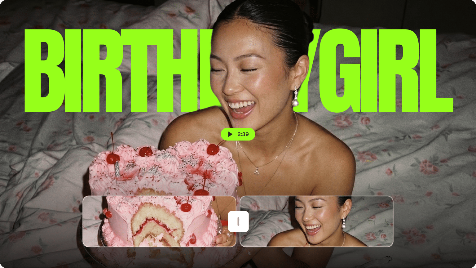 Birthday video maker demo showing neon green birthday girl text over a smiling woman with a pink cake and editor timeline