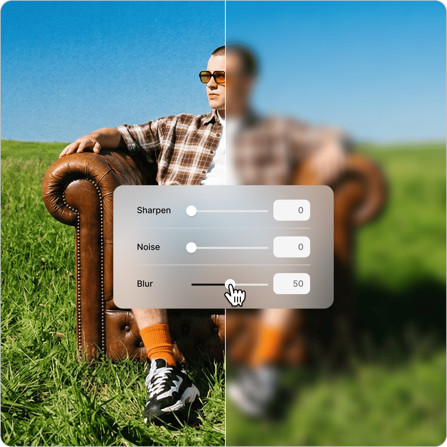 Split screen demo for Blur Video Online showing a clear photo left and a blurred version right with an editing panel and slider