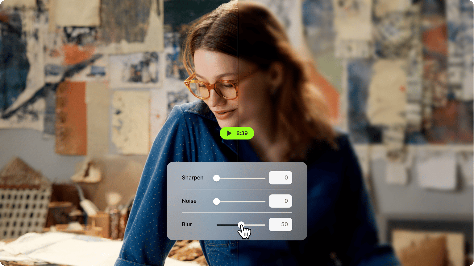 Blur video online demo showing a clear and blurred split screen of a woman with a cursor adjusting a blur slider