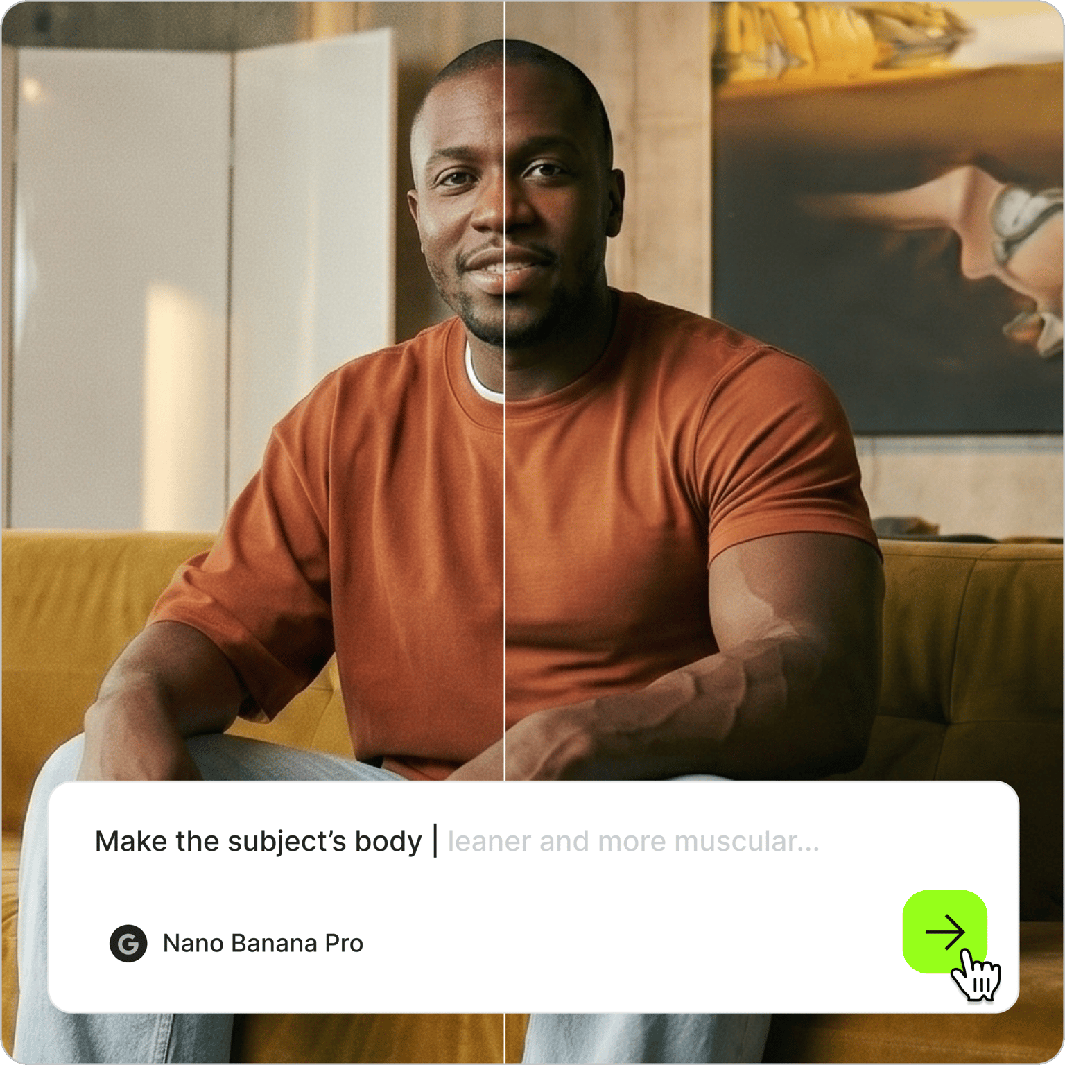 Body Shape Editor showing a before and after split of a man's body changing to be leaner and more muscular