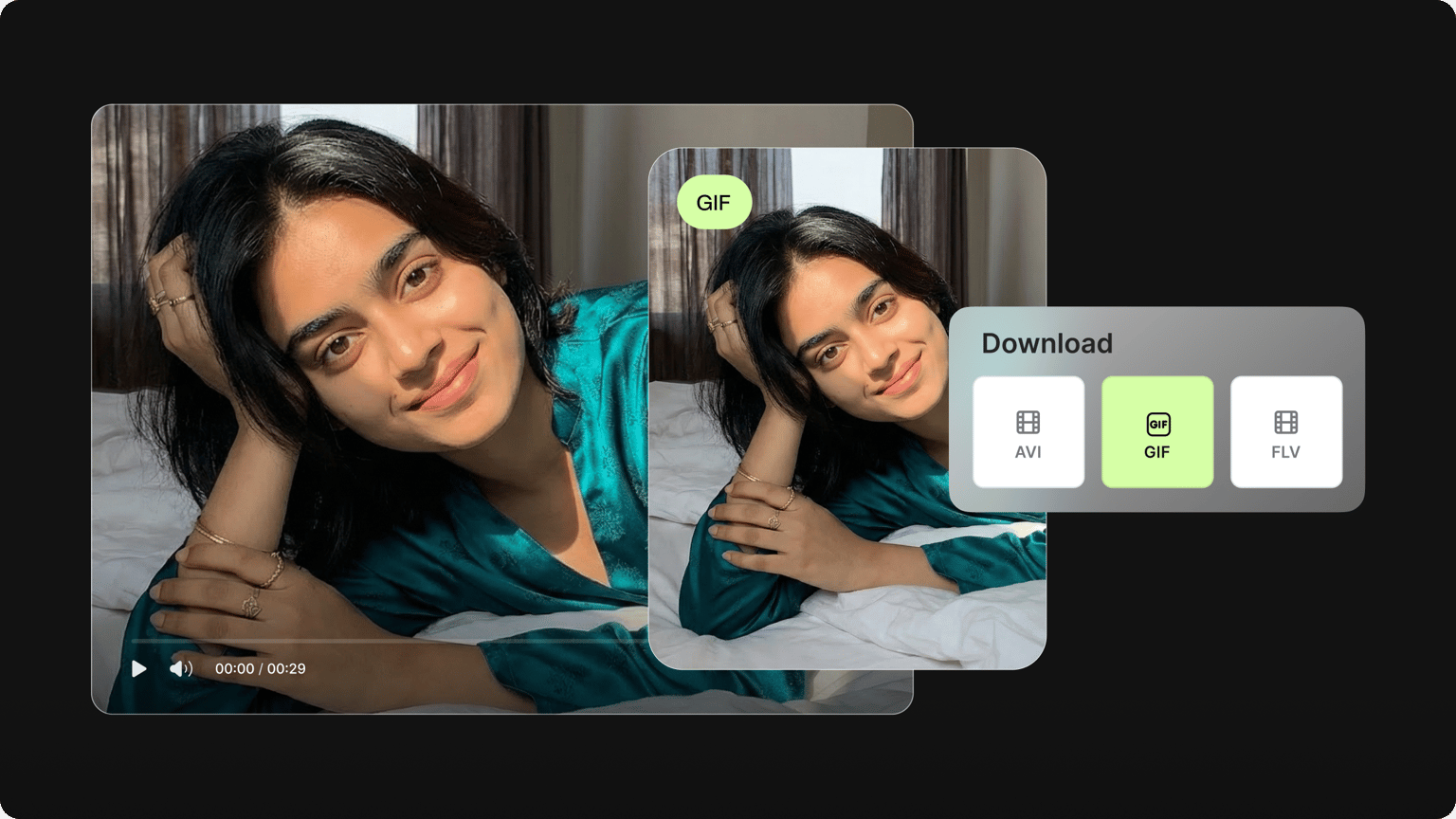 Woman lying in bed with a download option to convert and export her loop video into a GIF file format.