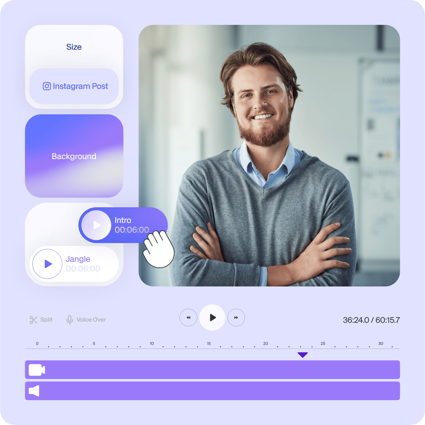 VEED's Brand Asset Library displaying Solo template preview with controls for browsing and selecting brand assets.