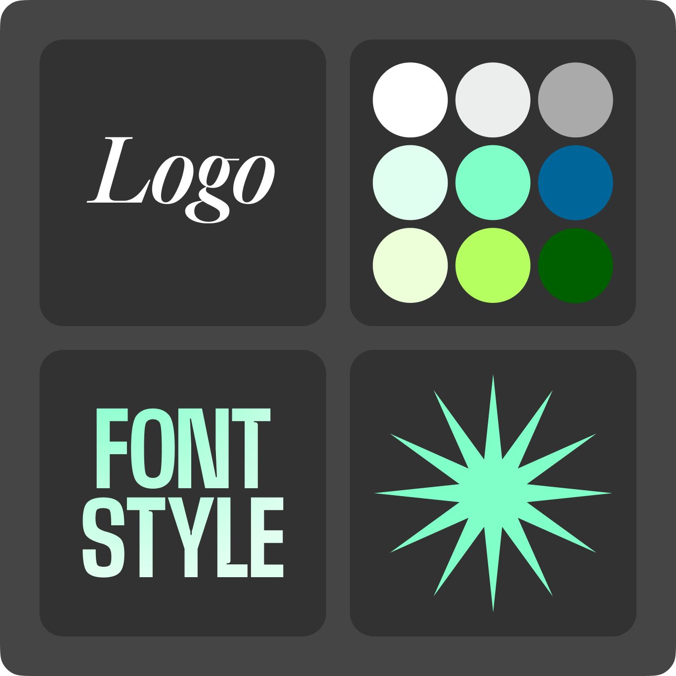 VEED Brand Kit showing customizable brand elements: Logo, color palette, 'FONT STYLE' sample, and starburst graphic.