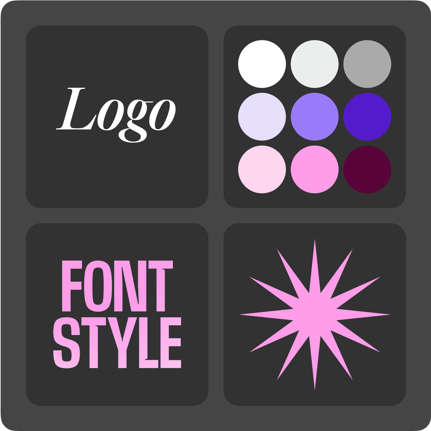 Brand kit template showing logo area, color palette, Font Style typeface, and starburst graphic element.