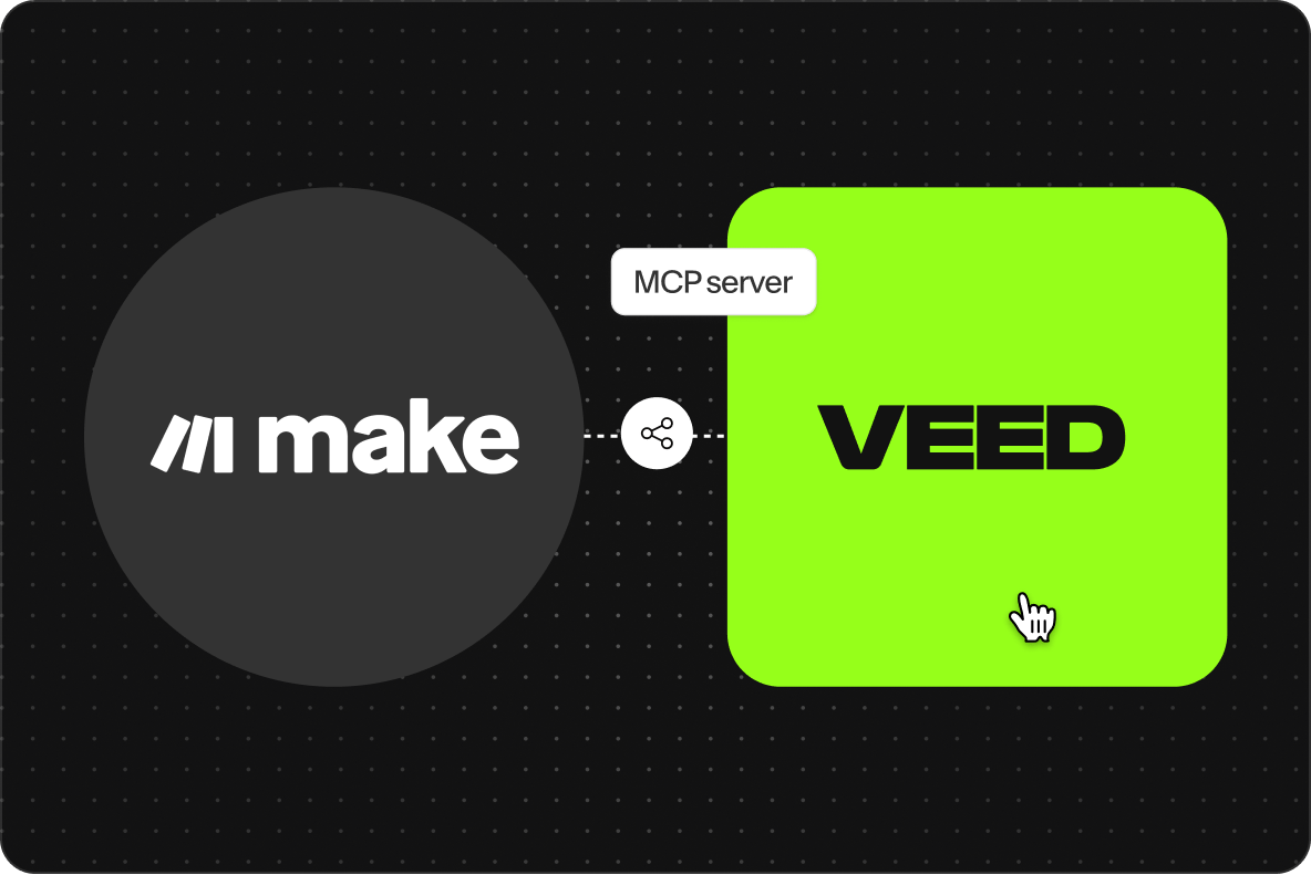 Make.com logo connected to green VEED MCP server icon showing workflow automation integration on dotted background.