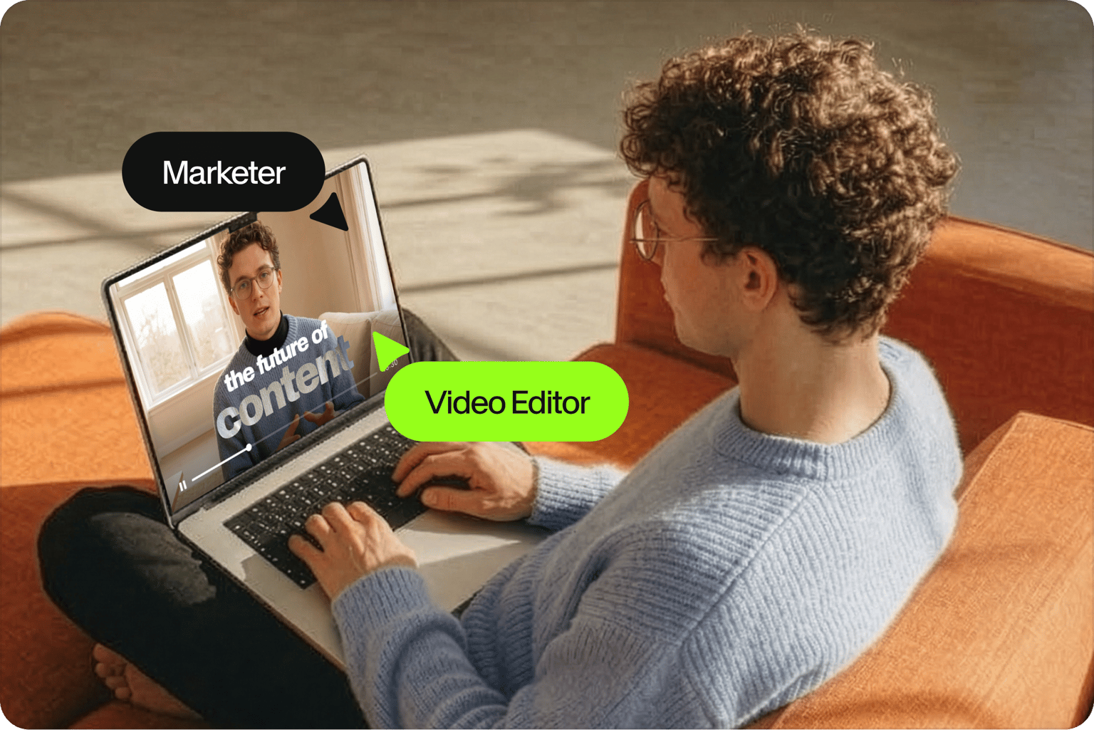 Video editor effects demo showing a man editing team projects on a laptop with a marketer tag over the video screen