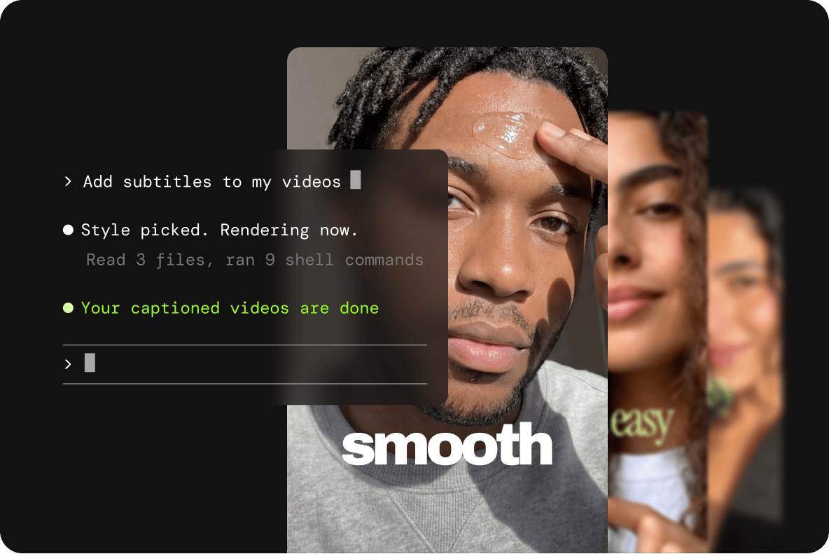 Command line prompt window overlaid on multiple video frames showing automated captioning workflow