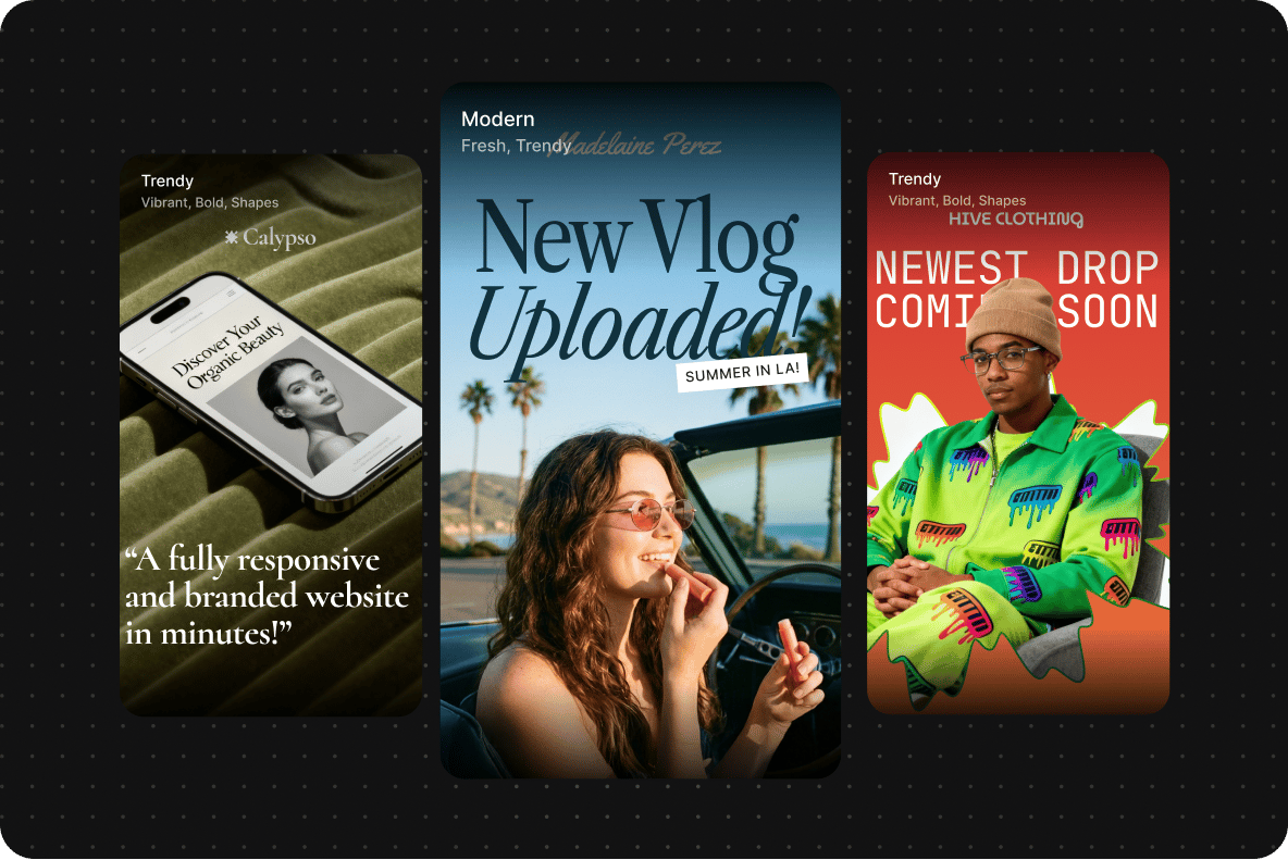 Three different styled Instagram story templates displayed side by side on a dark background