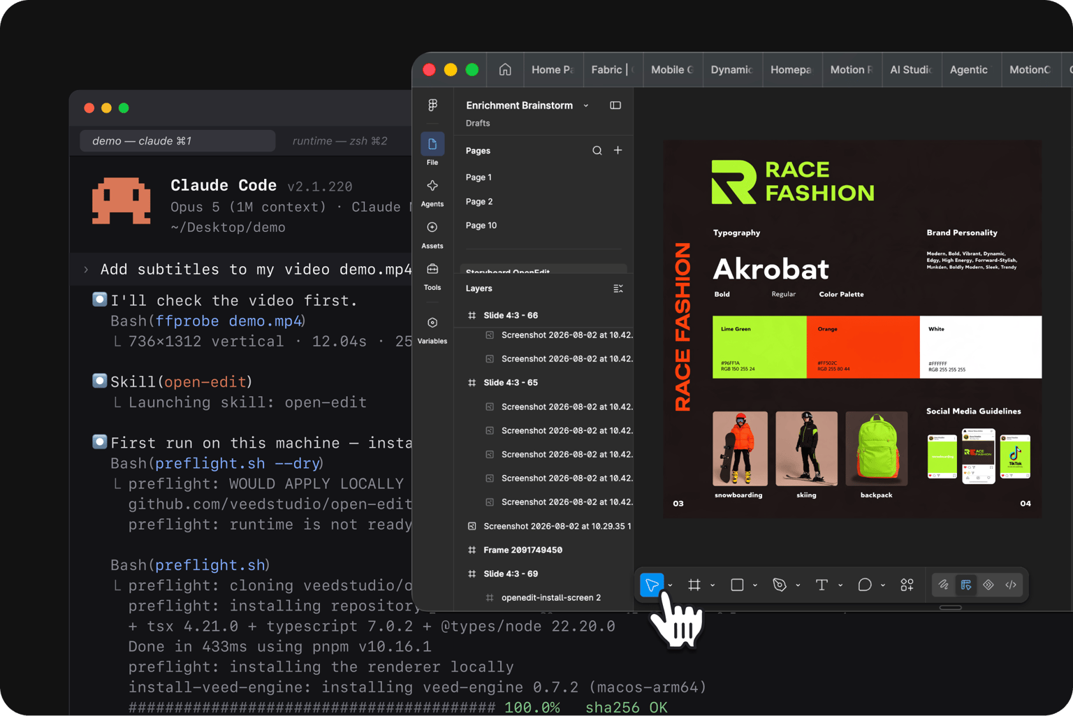 Claude Code terminal adding subtitles to a video beside a brandbook page with the brand's lime green palette and fonts