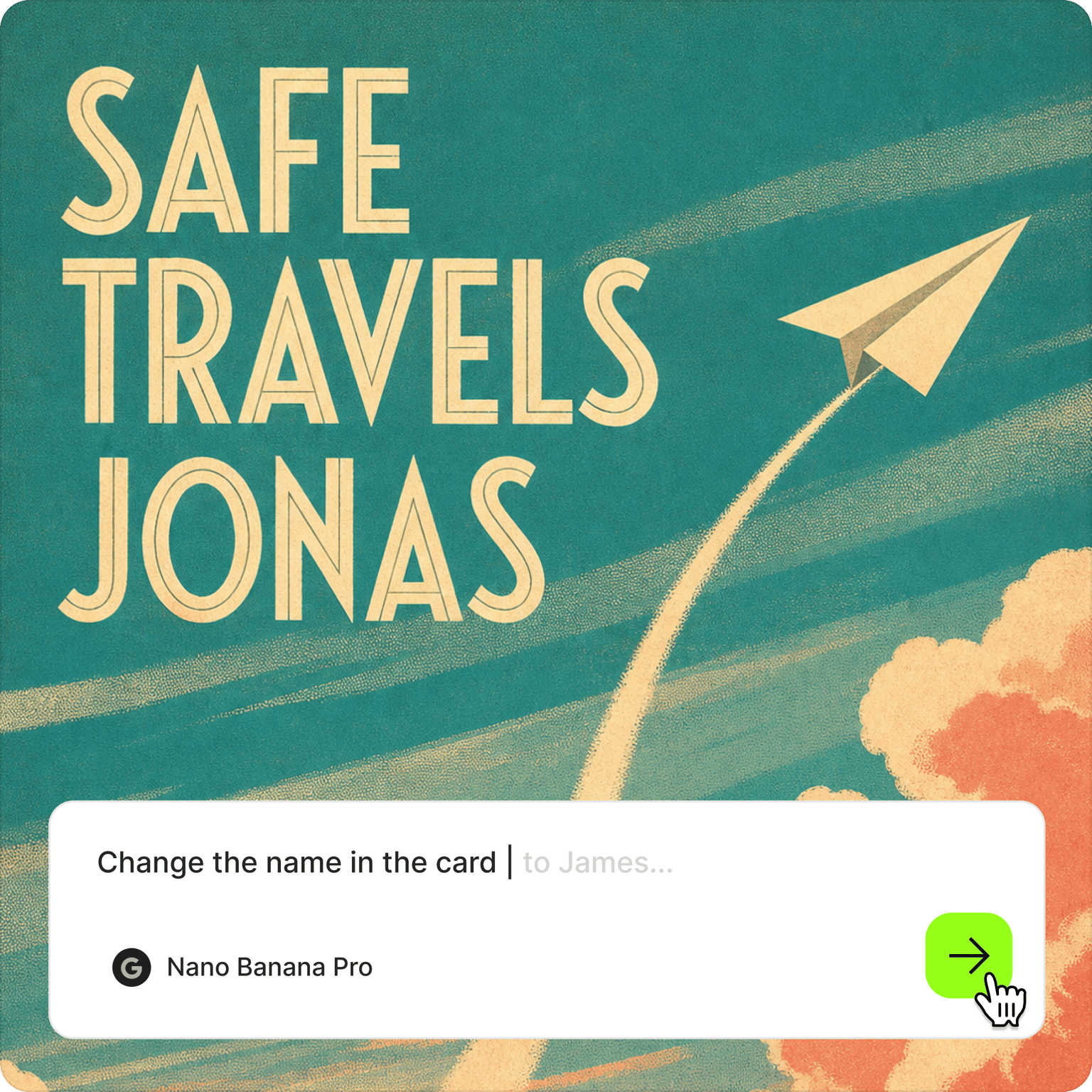 Retro Safe Travels Jonas card with paper plane, prompt bar reading change the name in the card to James
