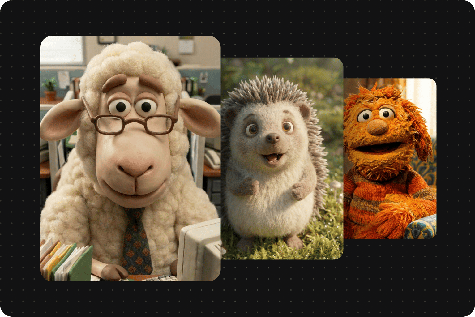 Cartoon templates landing page showing a sheep at an office desk a hedgehog and an orange puppet character