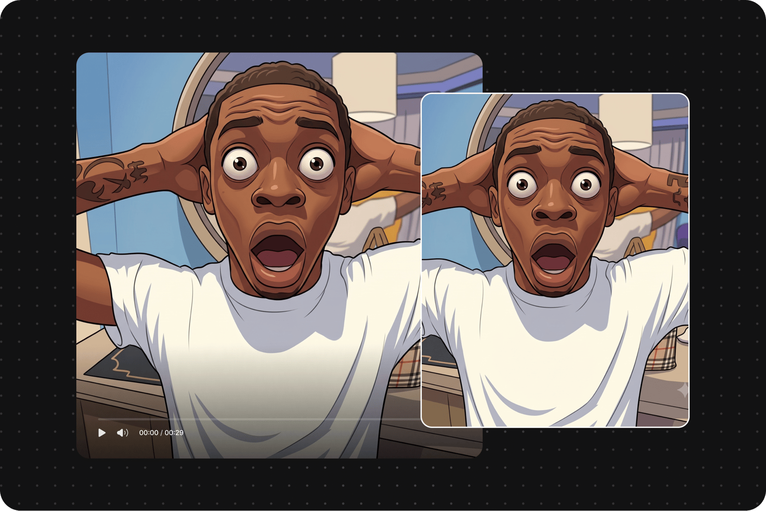 Cartoon templates landing page interface showing an animated meme video of a shocked man with wide eyes
