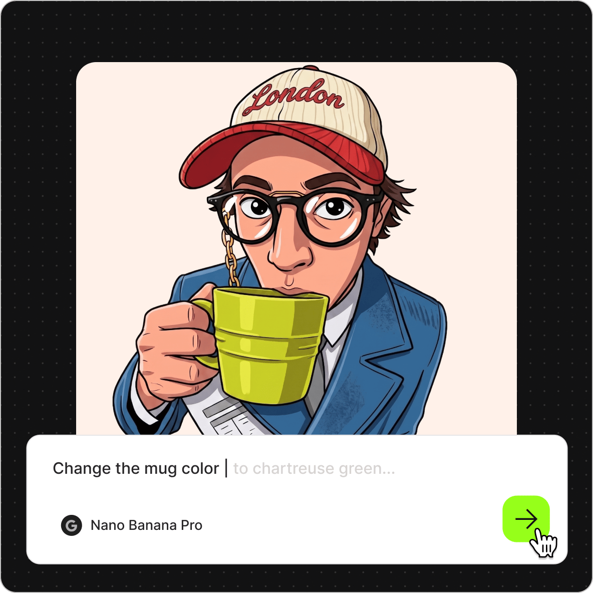 AI editor interface showing a text prompt modifying the mug color on a cartoon template of a person drinking coffee