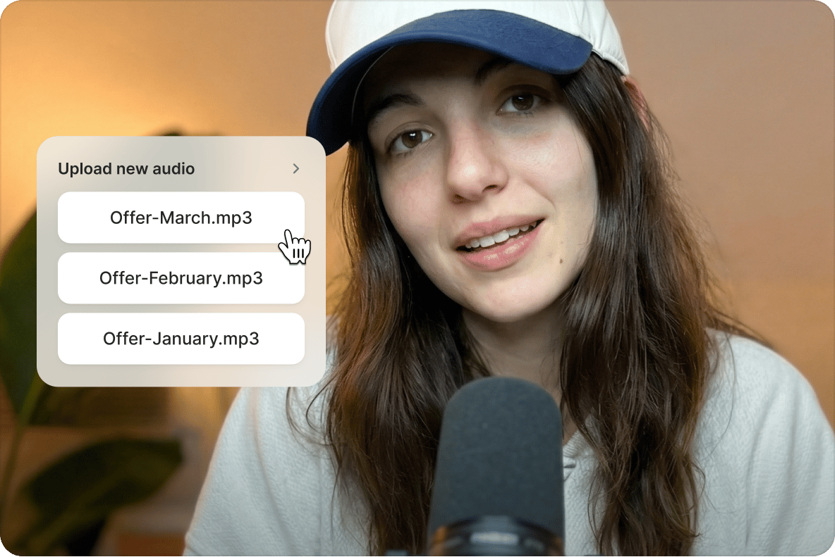 A woman in a cap talking into a microphone next to an upload menu showing monthly audio files for lip sync syncing