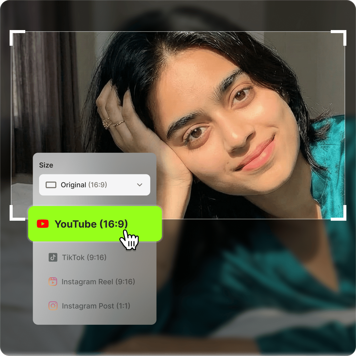 A digital menu overlay showing video aspect ratio size options like YouTube over a portrait of a smiling woman.