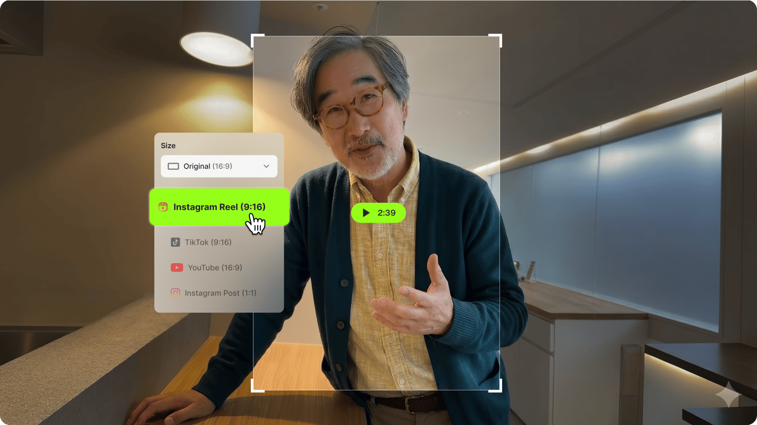 Man in glasses speaking, with a video editing menu selecting the 9:16 Instagram Reel aspect ratio tool.