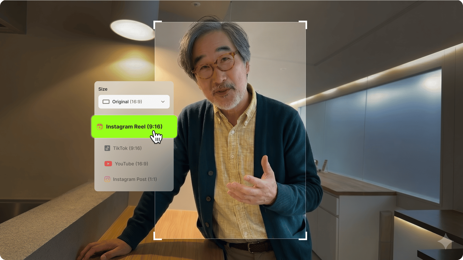 An editing tool interface overlay selecting an Instagram Reel video aspect ratio over a man talking in a kitchen.