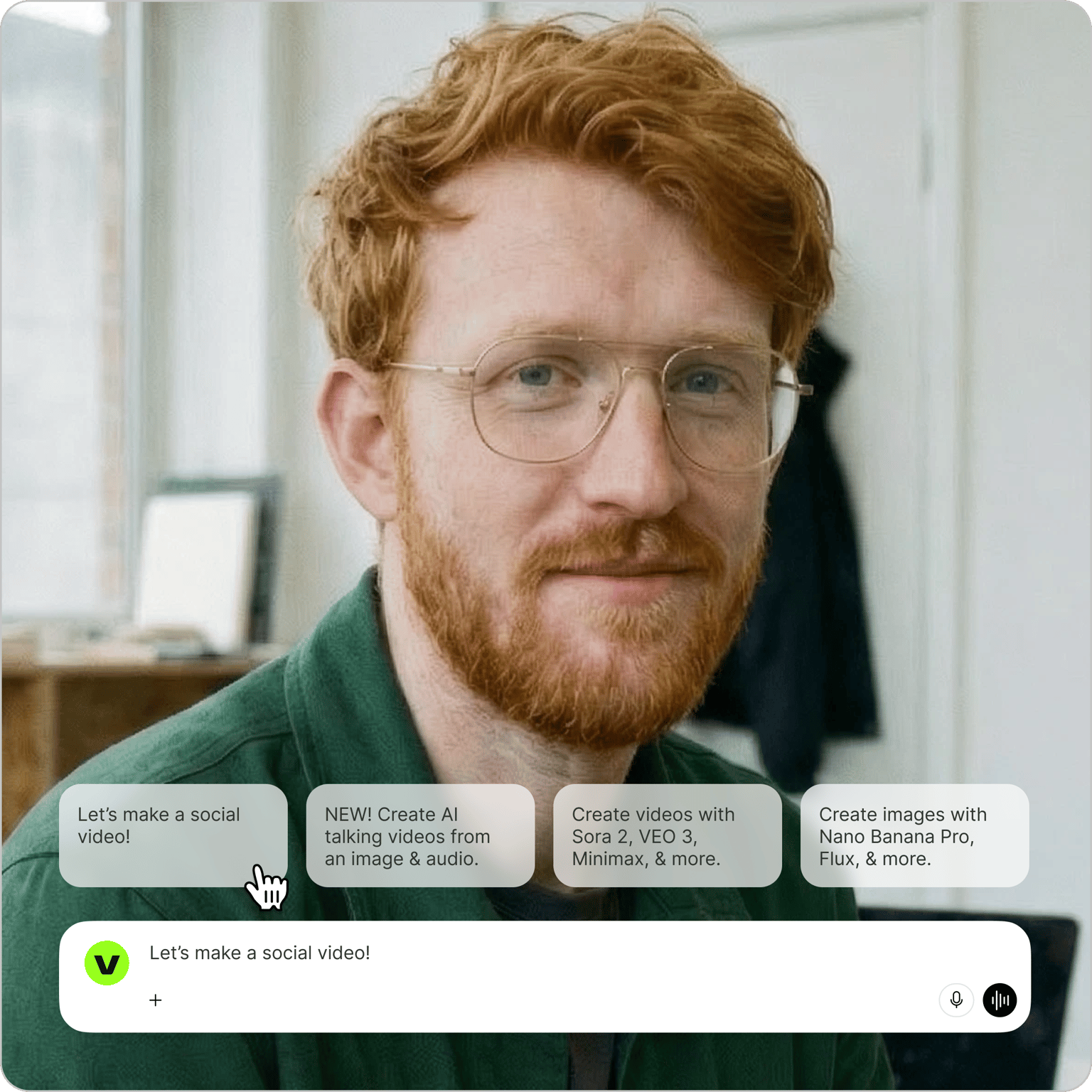 ChatGPT video generator interface showing a ginger man with glasses and a prompt bar to make social videos