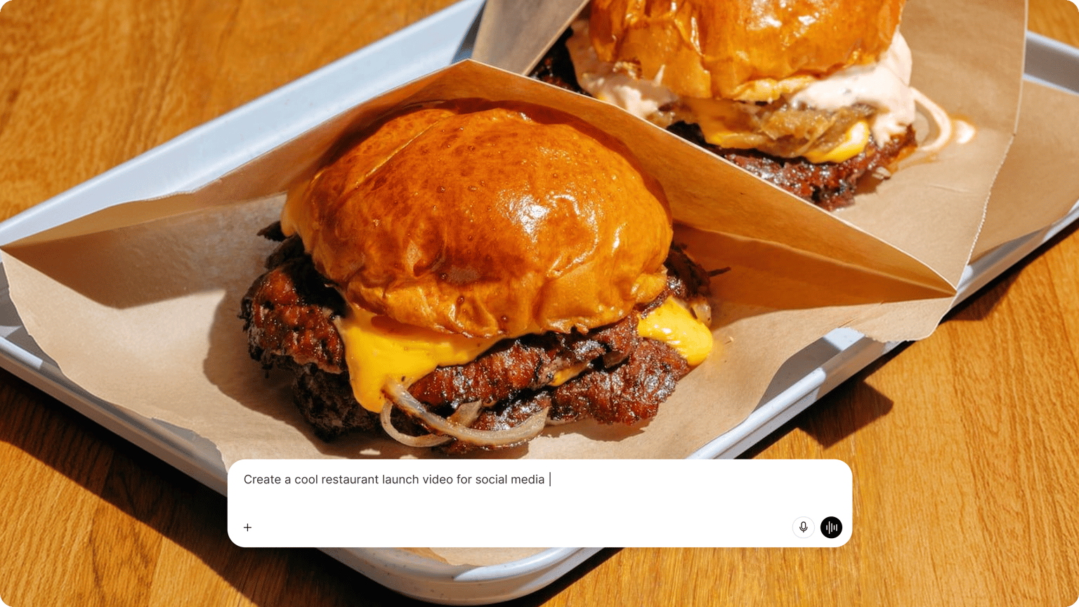 ChatGPT video generator interface showing smash burgers on a tray with a prompt bar to create a restaurant video
