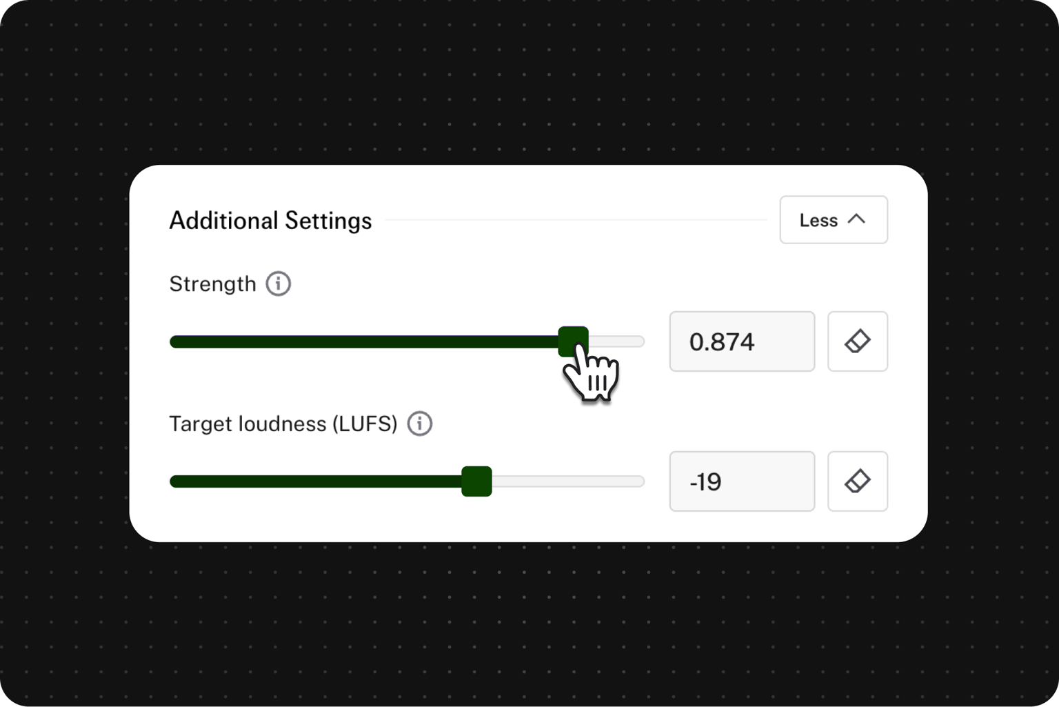 Additional settings panel showing strength and target loudness LUFS sliders for the clean audio tool