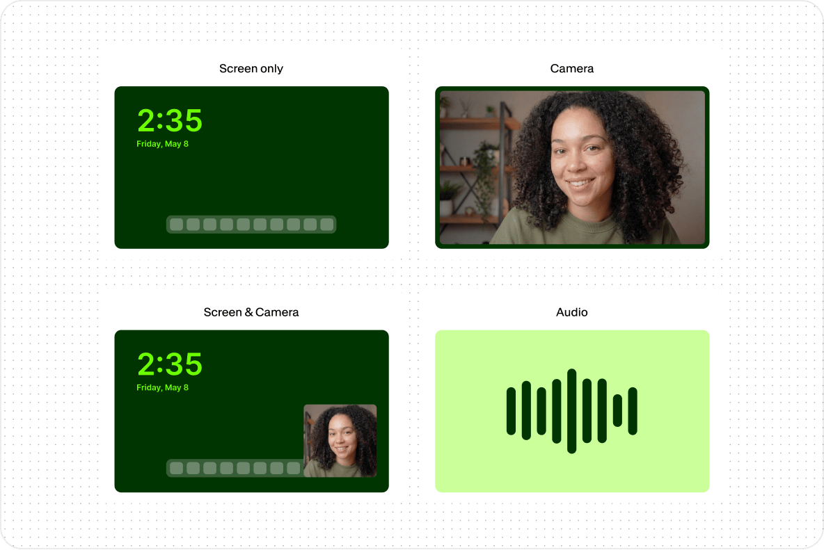 Interface displaying four screen recorder layouts including screen only camera audio and split screen options.