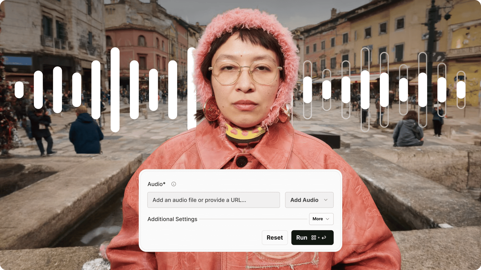 Woman in pink hat on cobblestone street, waveform overlay above an add audio file or URL input field