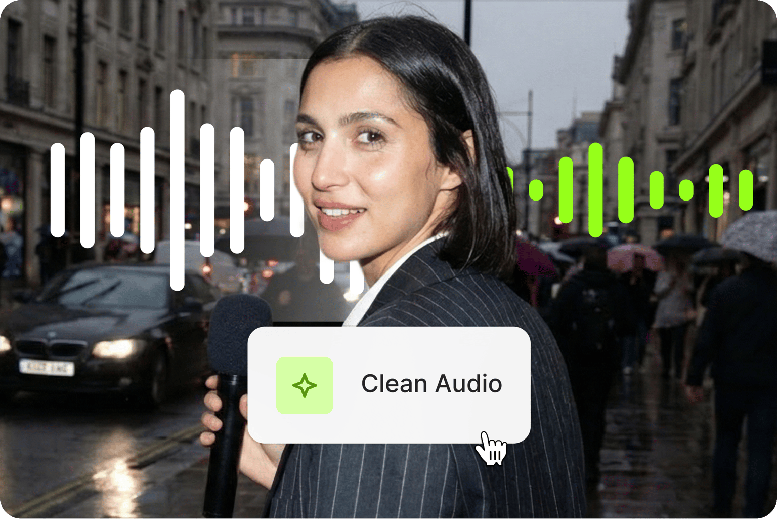 Audio converter clean audio tool interface showing a cursor clicking a button over a woman reporter on a city street