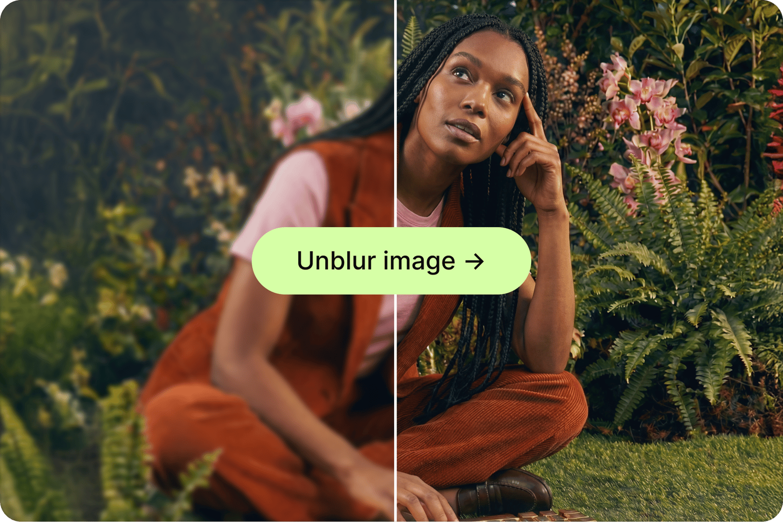 Before and after split of a woman in a garden, blurry on the left and sharp on the right, with an unblur image button