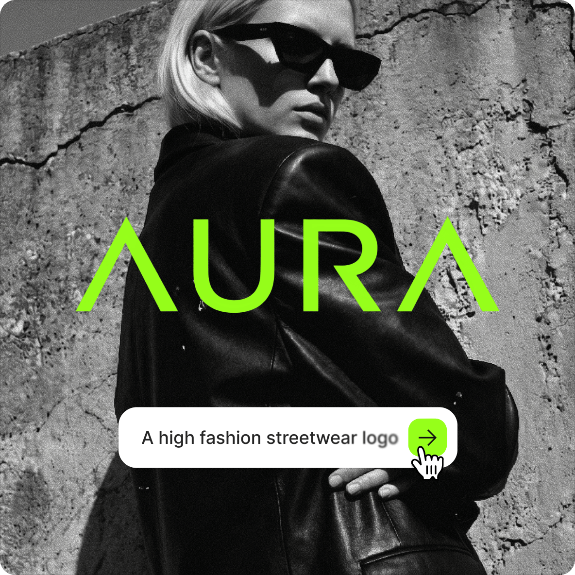 AURA high fashion streetwear logo template featuring bold neon green typography over a black and white model image.