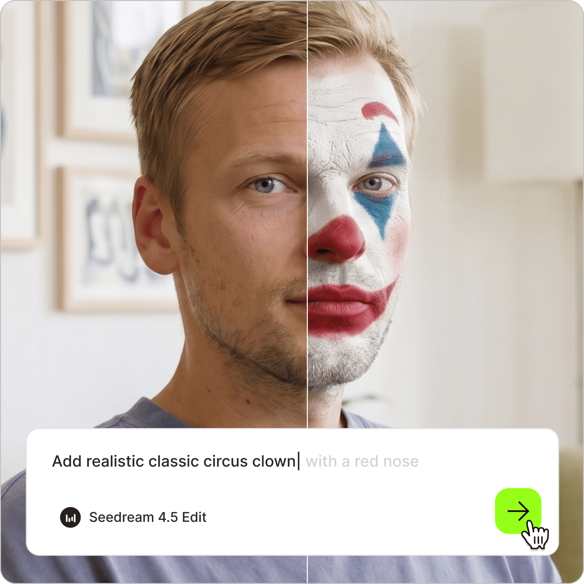 Before and after portrait of a man shown with realistic classic circus clown makeup on the right side.