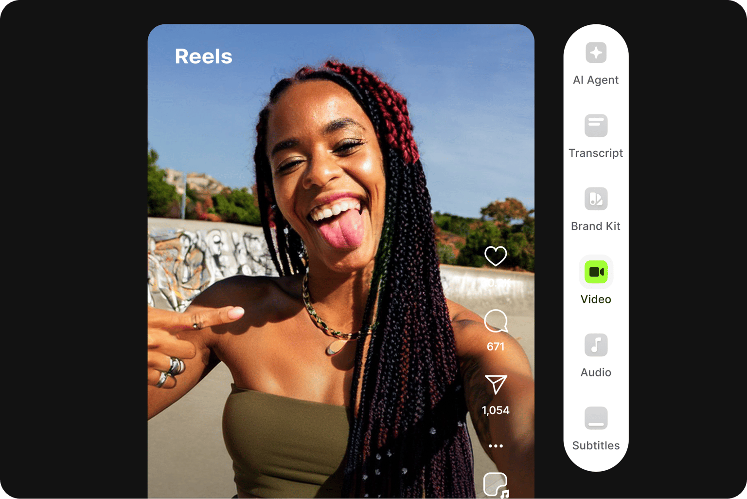 Smiling woman sticking her tongue out in a social media reel template with an editing tools sidebar menu.