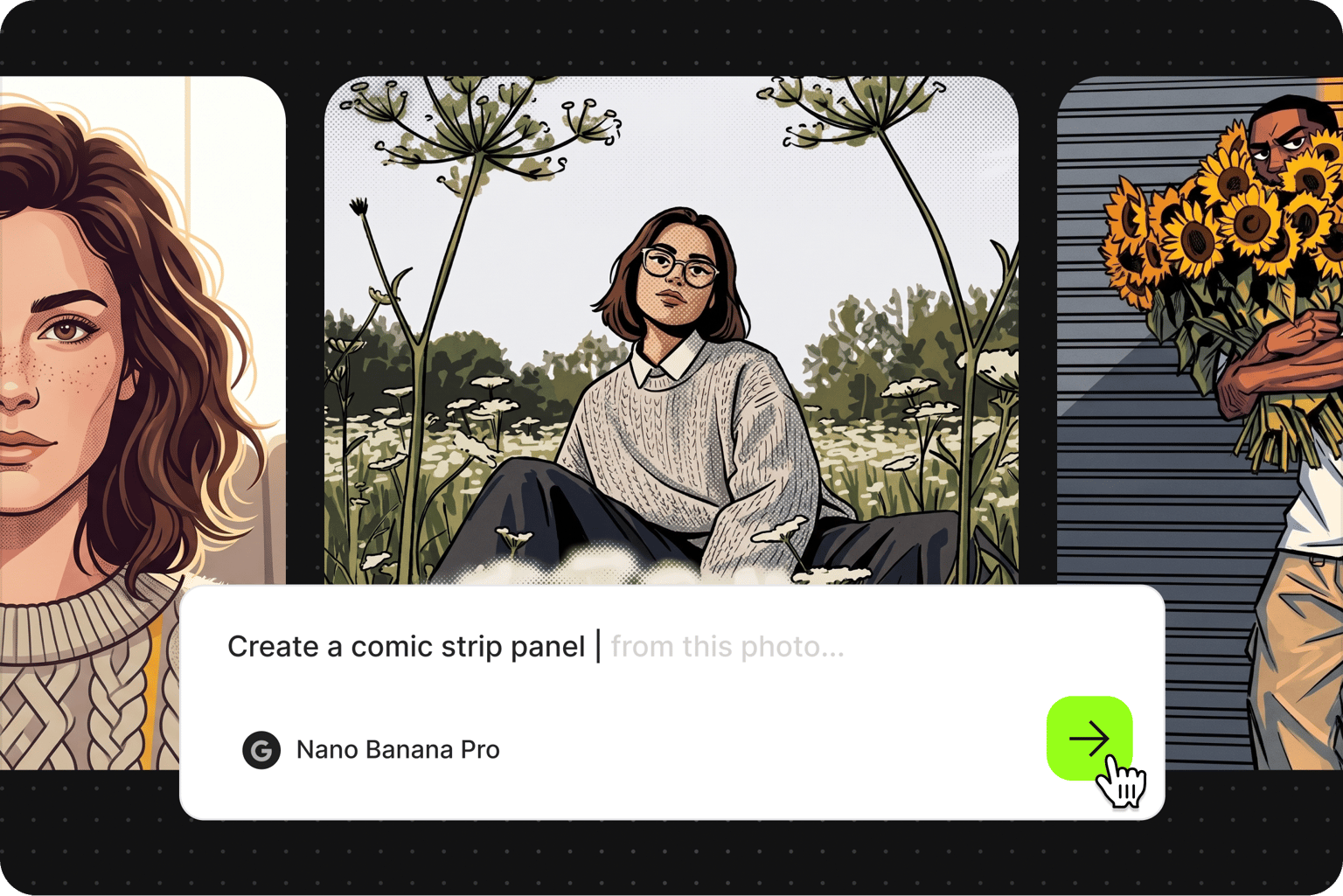Nano Banana Pro cartoon templates interface showing a prompt bar over illustrated comic strip panels of people