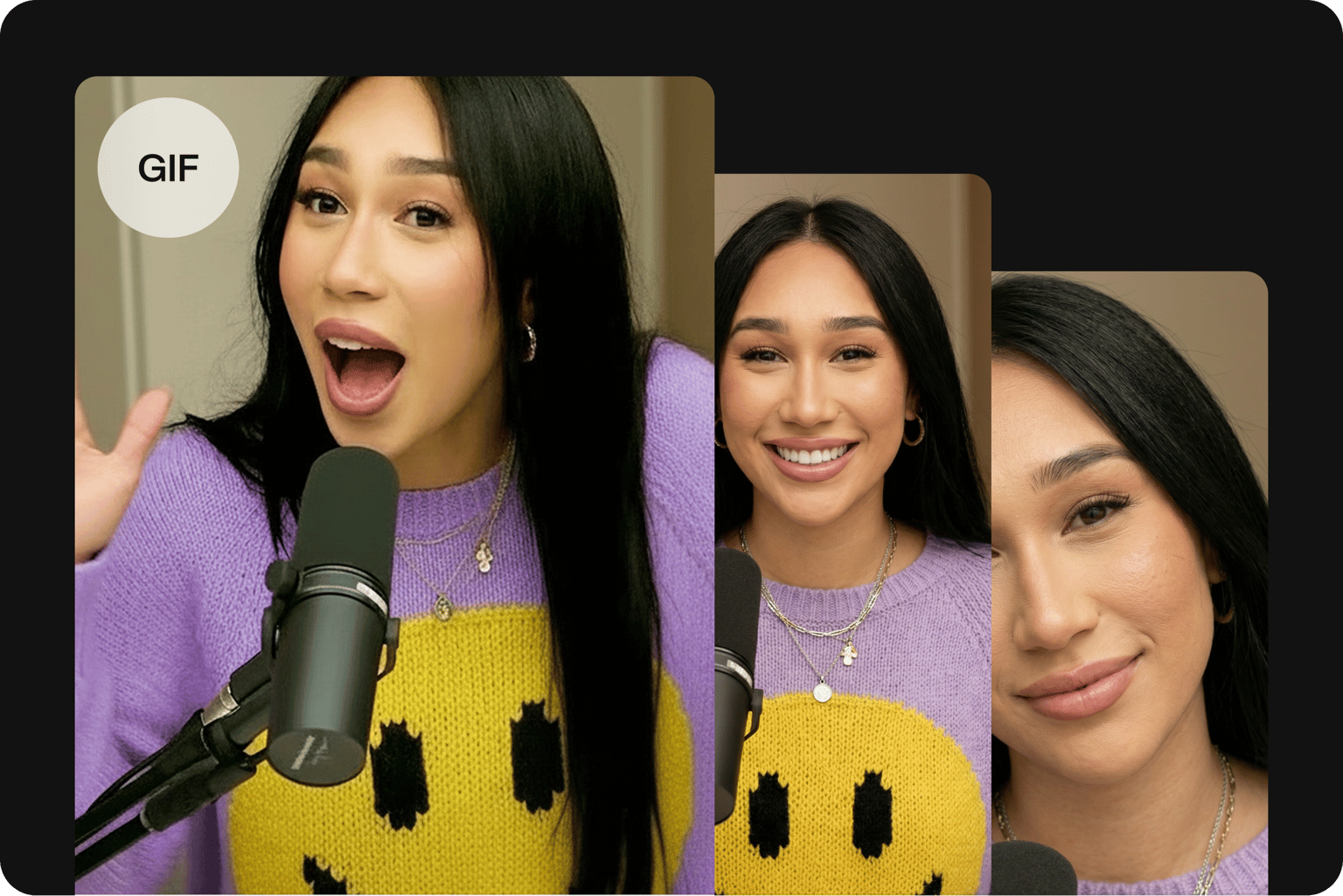Video to photo tool showing a GIF icon over an image sequence of a woman speaking into a microphone