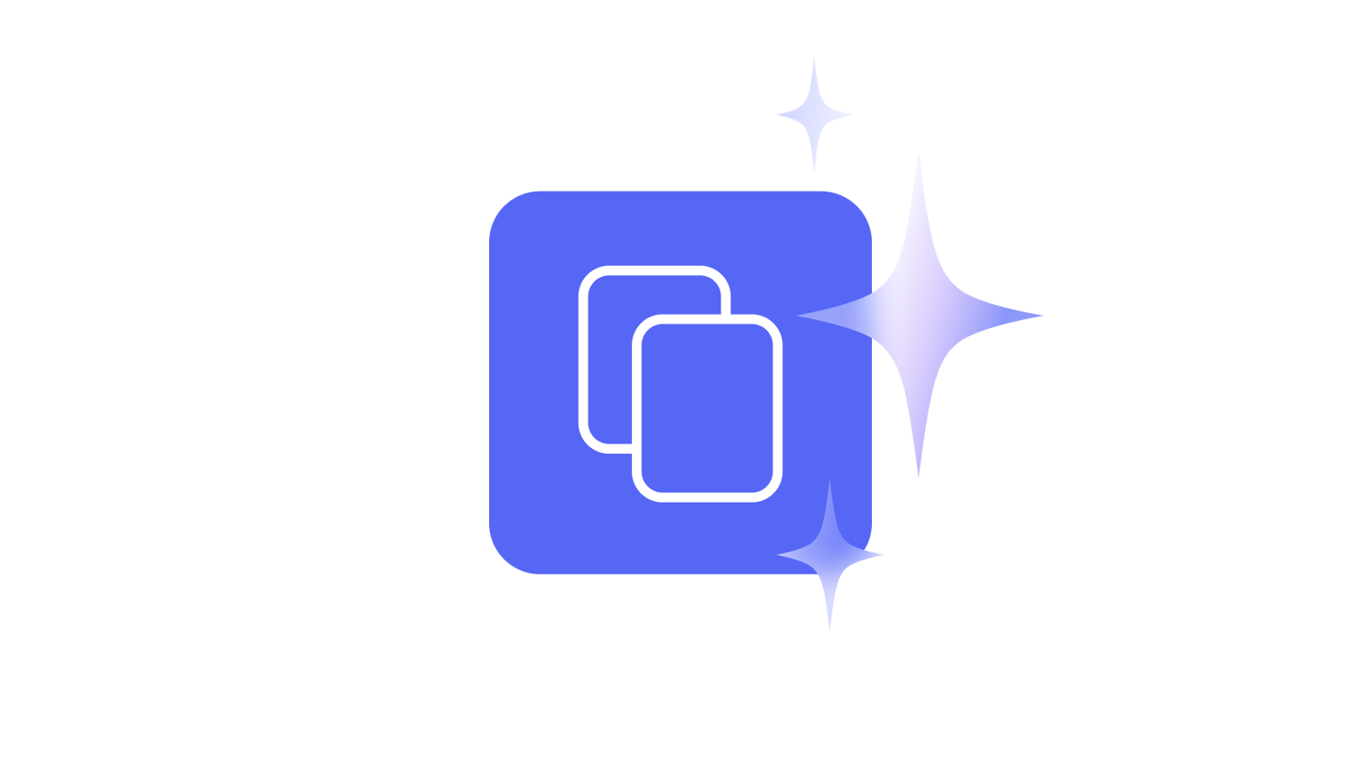 Blue rounded square icon with white overlapping document symbols and sparkle effect, representing script copying or video creation functionality