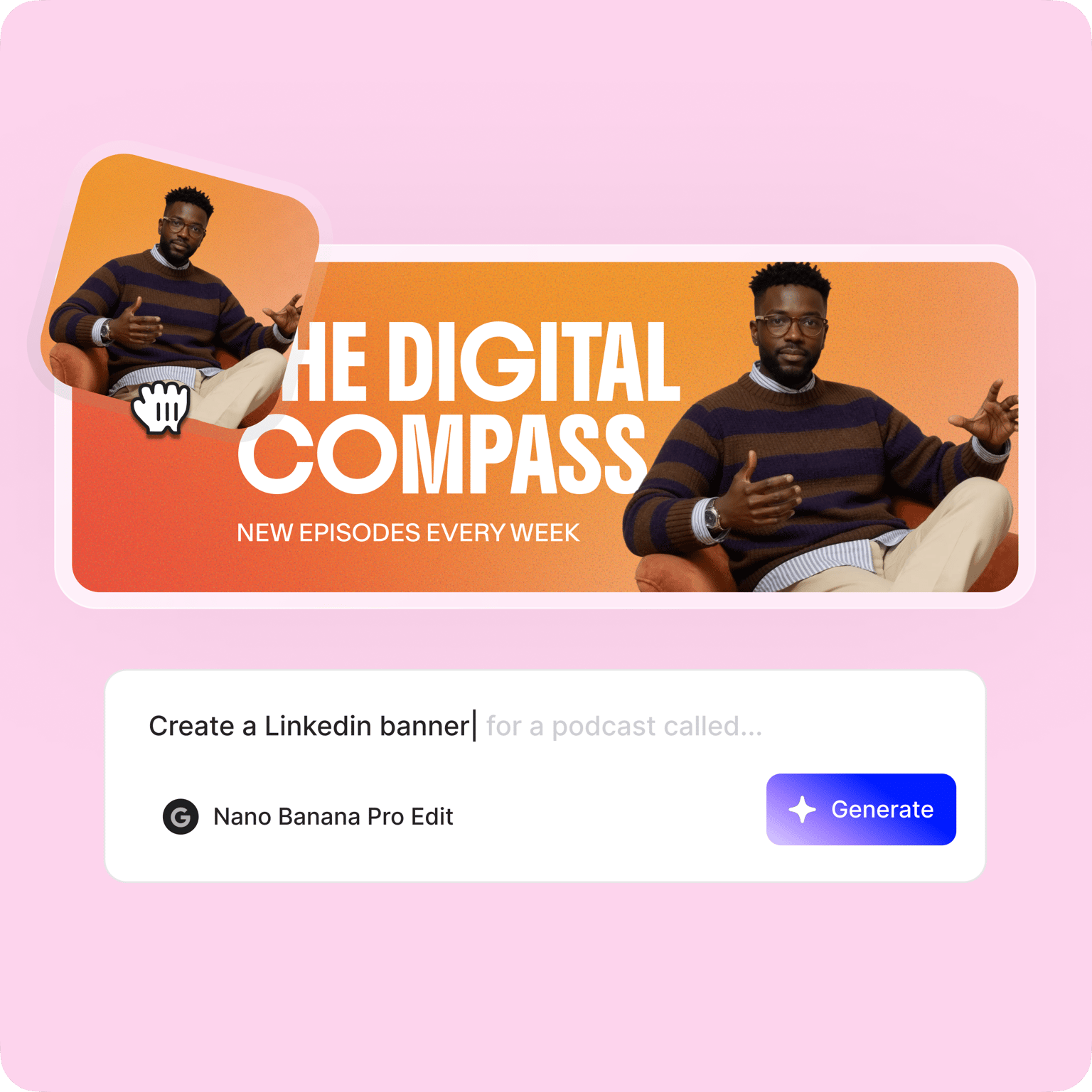 VEED's banner creator with 'The Digital Compass' podcast template and Generate button for creating LinkedIn banners.