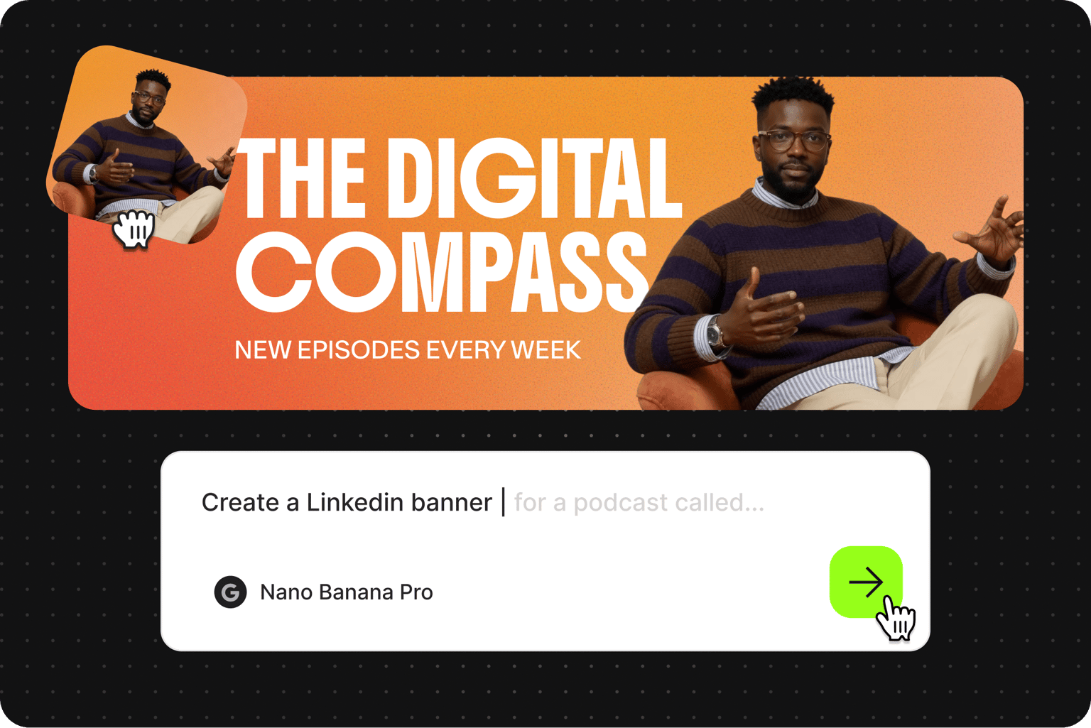 Man speaking in podcast social banner with bold title The Digital Compass and weekly episodes text for LinkedIn banner design