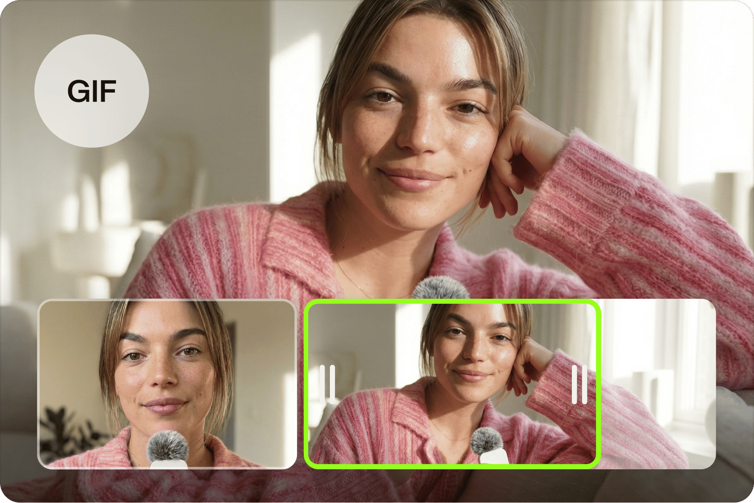Video to photo tool showing a GIF icon and timeline selecting a video frame of a smiling woman in a pink sweater