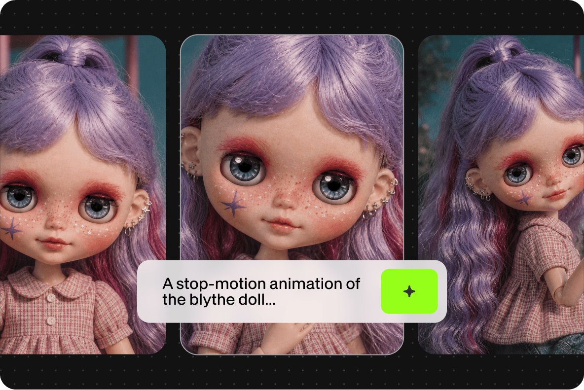 Stop motion animation prompt featuring a purple haired Blythe doll created with AI video tools.