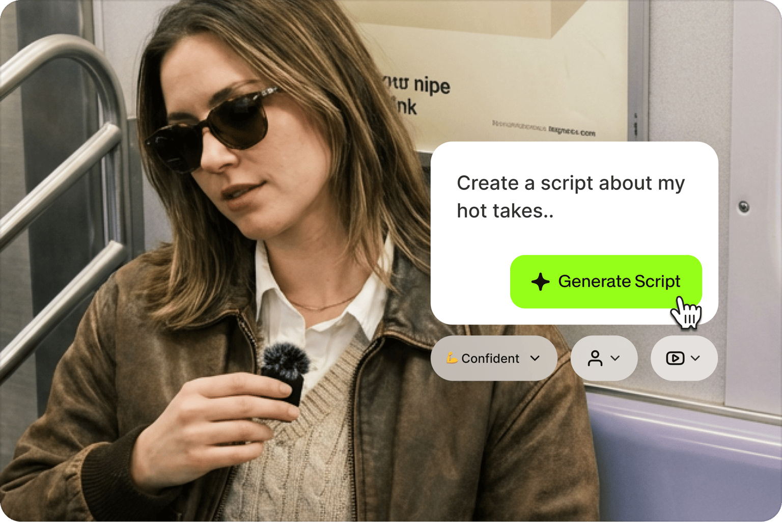 AI Video Script Generator prompt over woman holding mic on subway with generate script button for creating hot take video content