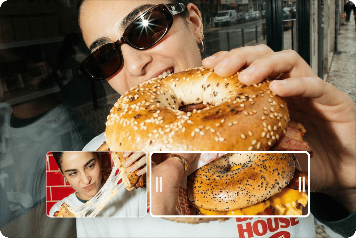 Woman eating a bagel with video editing overlay previews showing dynamic food clips on a multimedia creator timeline.