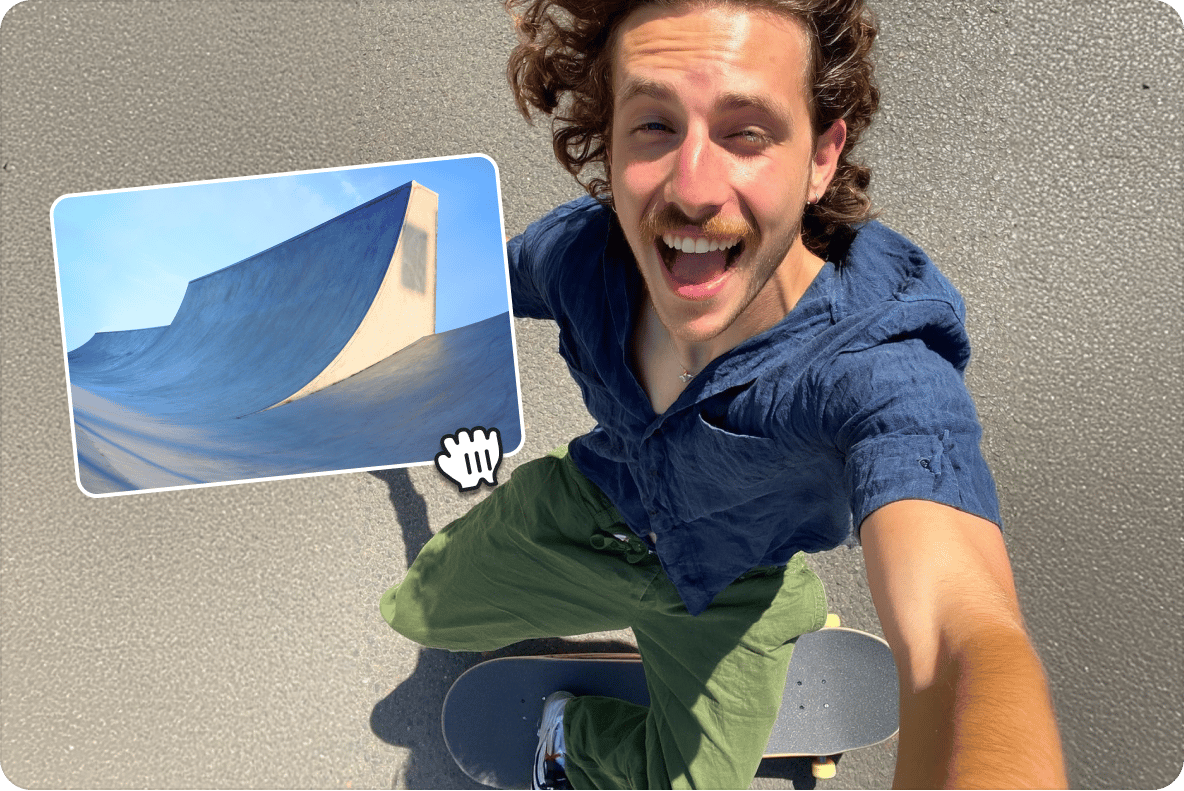 Man skateboarding with an enthusiastic expression as a photo overlay of a skatepark ramp is added to the video.
