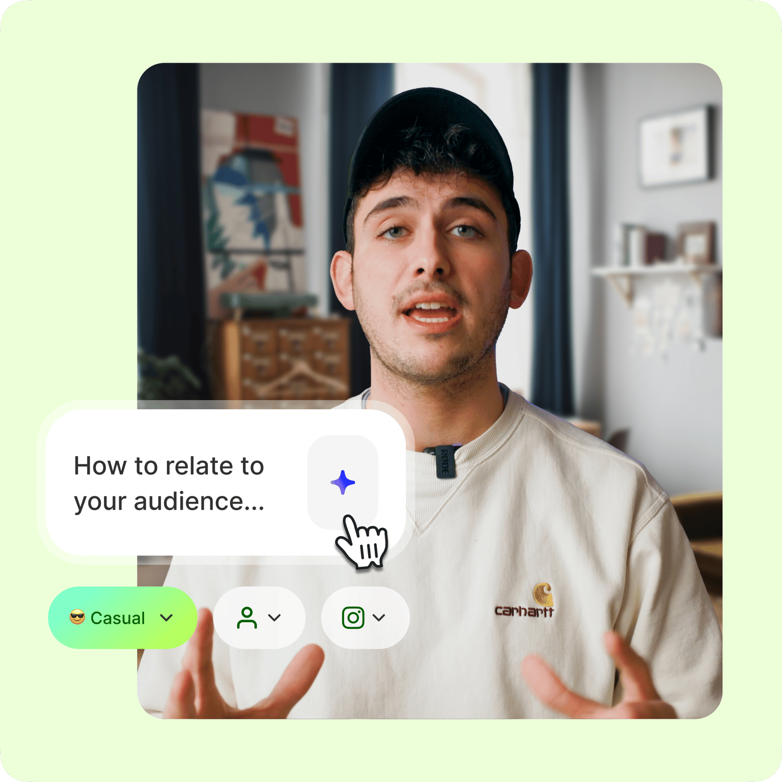 Young man gesturing while speaking with overlay showing casual tone selector and 'How to relate to your audience...' prompt
