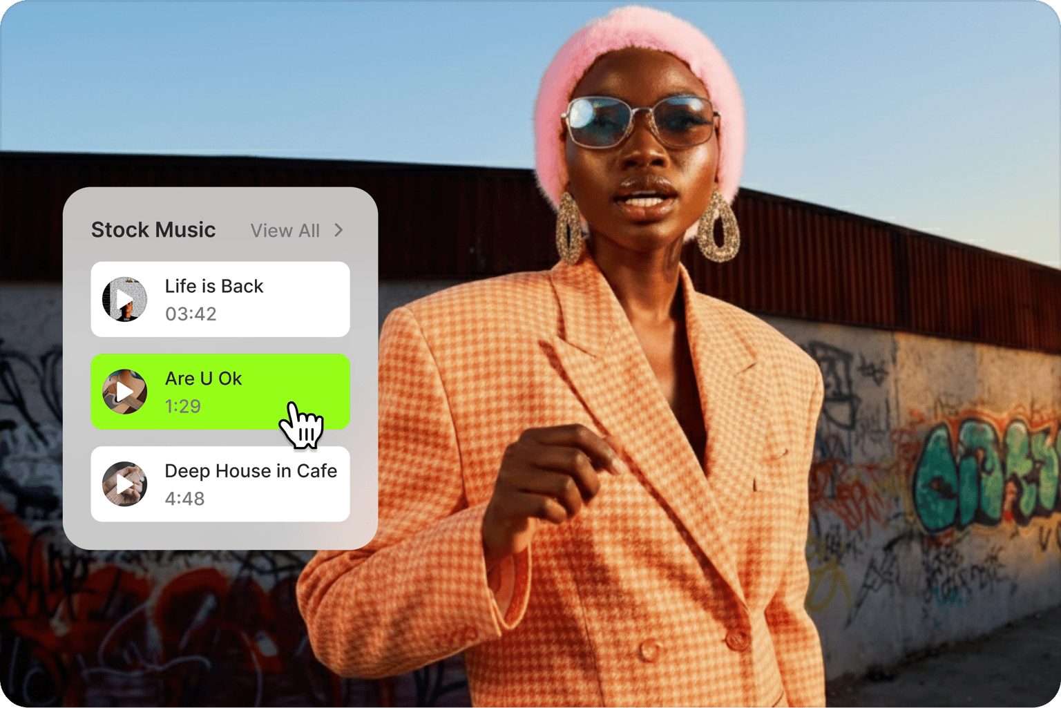 Music visualizer showing a cursor selecting stock music over a video of a woman in a pink hat and orange blazer