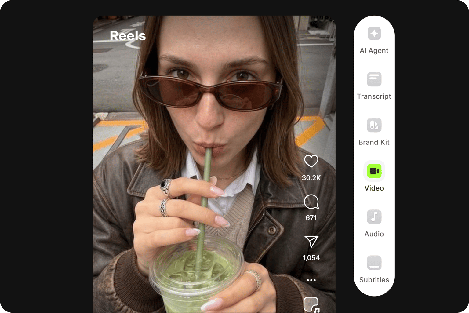 Video maker tool showing a social media reels video layout next to an editing menu featuring a woman drinking iced matcha