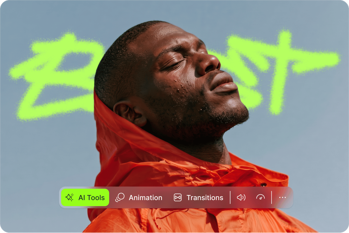 Man in an orange jacket under a green spray paint design with a music video maker toolbar highlighting AI tools.