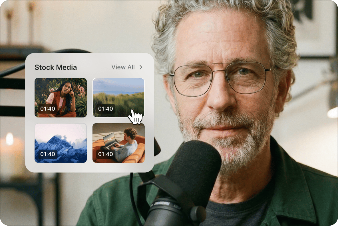 Man with glasses behind a microphone with a stock media panel overlay showcasing video templates.