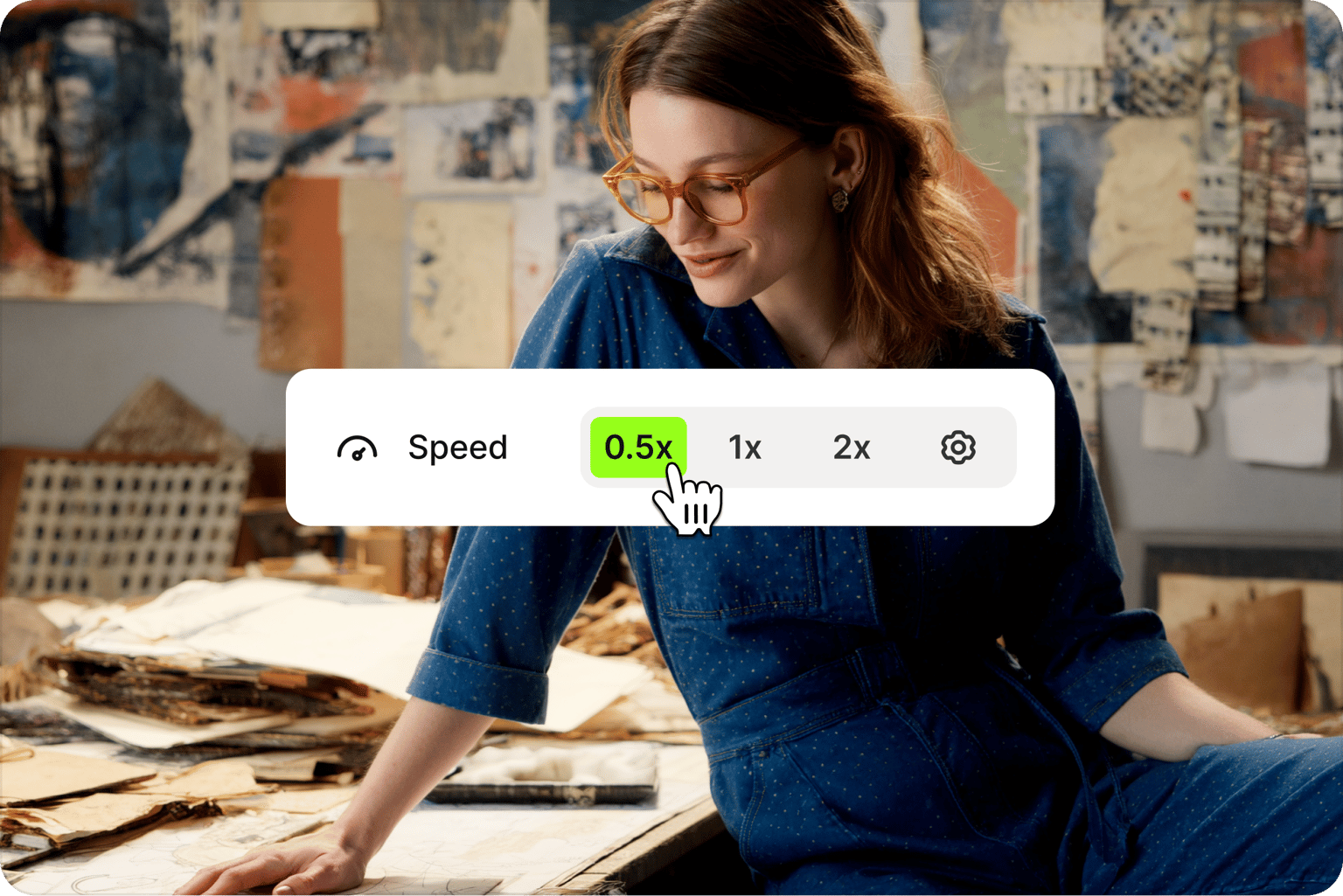 Video frame rate converter showing cursor selecting 0.5x speed over a video of a woman with glasses in a studio