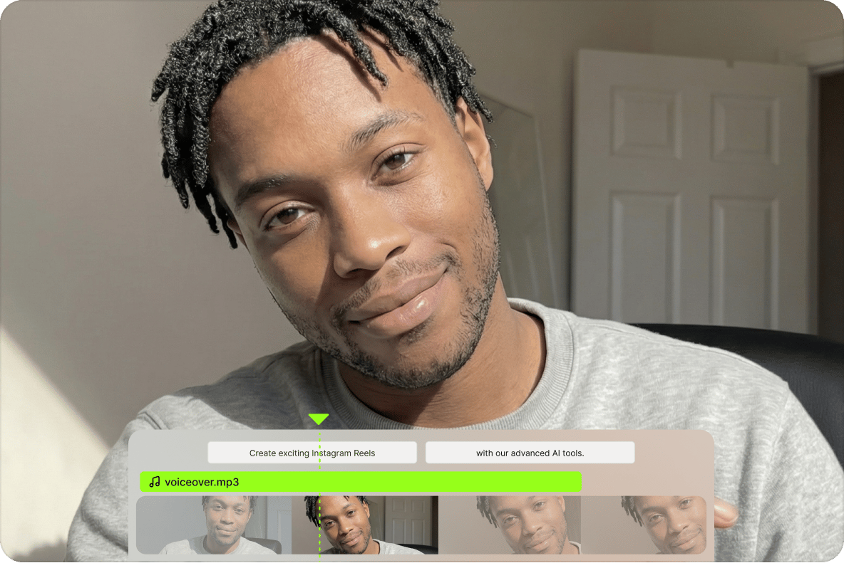 Man smiling over a video editing interface with text captions and an active green voiceover audio track.